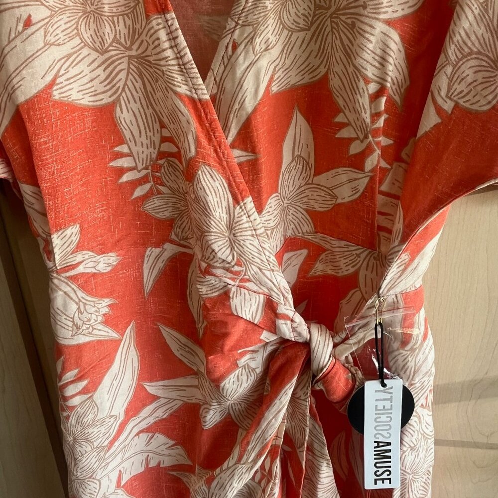 Amuse Society Mala Wrap S/S Woven Dress Coral‎ Tropical Resort Top NWT XS - Picture 6 of 10